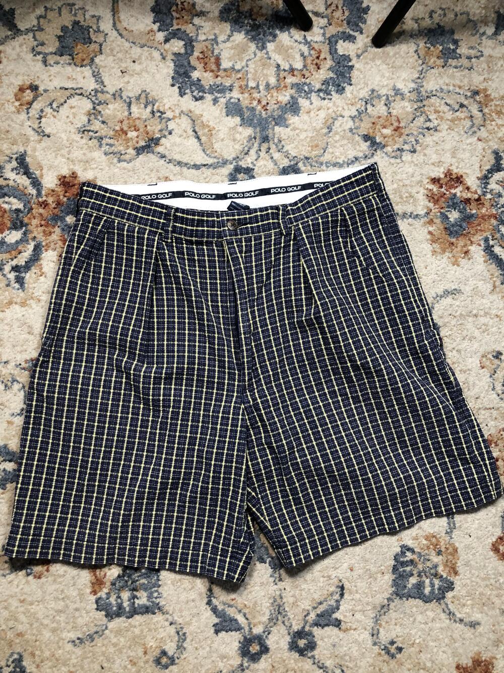 Polo Golf Shorts Mens 34 Blue Yellow Plaid Casual Preppy Pleated 100% Cotton